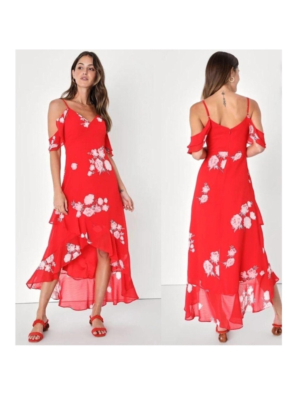 Lulu's Red Cold-Shoulder Floral High-Low Maxi Dress